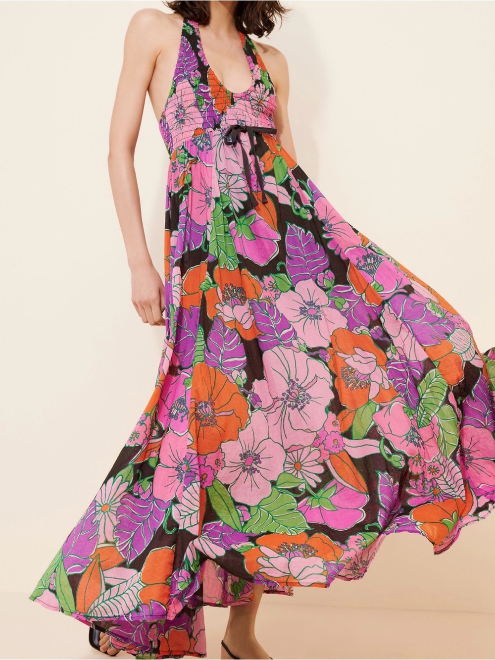 Free People Boho Floral Halter Maxi Dress Smocked Pink Tropical Size L